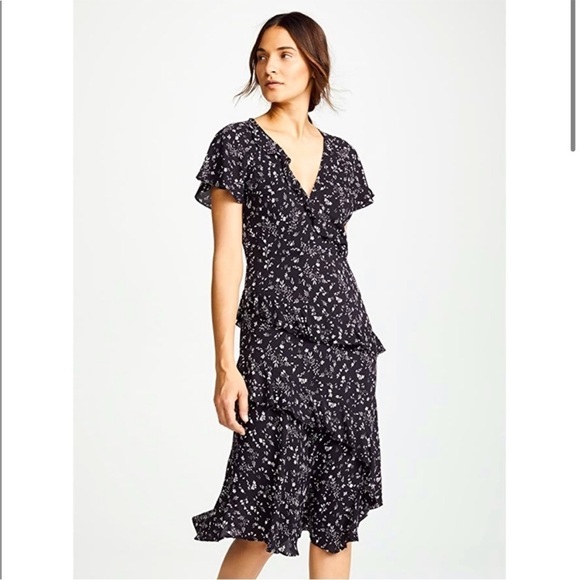 JOIE Orita Caviar Black Ruffled Floral Midi Dress Tiered Surplice V-Neck Size 6 - Picture 7 of 16